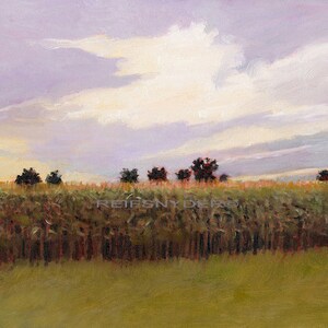 May include: A painting of a field of corn with a row of trees in the background. The sky is a light purple with white clouds.