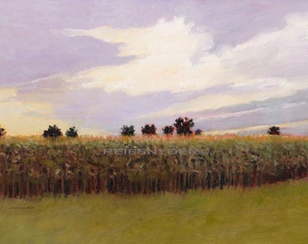 Landscape print cornfield , impressionism, fields, paper, art, scenic pictures, cornstalks, green, lavender, country scene, 18x24, 30x40