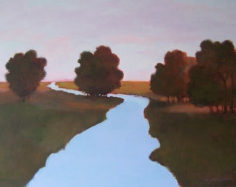 Large Original Oil Painting 36x48 landscape art, river scene, evening, dark green, blue, dark red, country fields, stream, sunset, trees