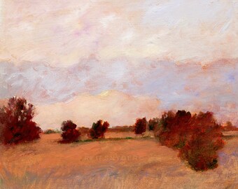 Landscape sunset paper print, art, evening, red, pink, contemporary, sun, field and trees, country scene, countryside, rural, 18x24, 30x40