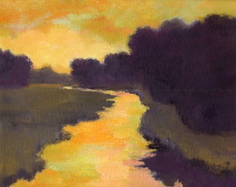 Custom original oil painting, landscape art, river scene at sunset, evening, gold, black, aqua, green, fields and trees, country, stream