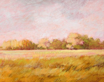 Landscape print country field, impressionism, paper, art, pictures, light green, yellow, pink, country scene, sunny, painting, rural, 24x36