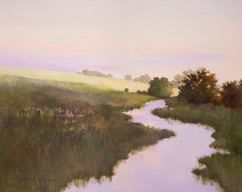 Landscape canvas print, river art, field, morning light, stream in a meadow, country scene, dawn, creek, lavender and green, 18x24, 30x40