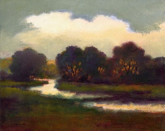 Custom original oil painting landscape, evening, rivers, dark reds, streams, green, gray, field, trees, country scene, large art,