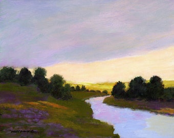 Landscape paper print, river valley sunset, art, mountain view, stream, scene, lavender, green, yellow, hills and trees, painting, sunlight