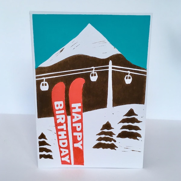 Ski Birthday card (linocut)