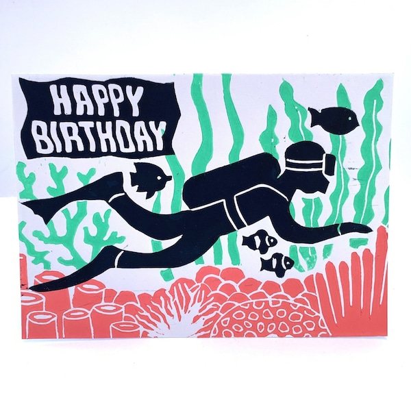 Scuba Diver Birthday card (linocut)