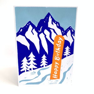 Tarjeta de cumpleaños de snowboard (grabado en linóleo)