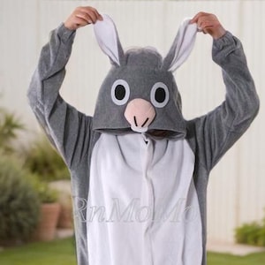 KIGURUMI Cosplay Romper Charactor animal Hooded PJS Pajamas Pyjamas Xmas gift Adult Costume sloth outfit Sleepwear Grey Rabbit