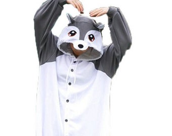 KIGURUMI Cosplay Romper Charactor animal Hooded PJS Pajamas Pyjamas Xmas gift Adult  Costume sloth  outfit Sleepwear  Gray fox