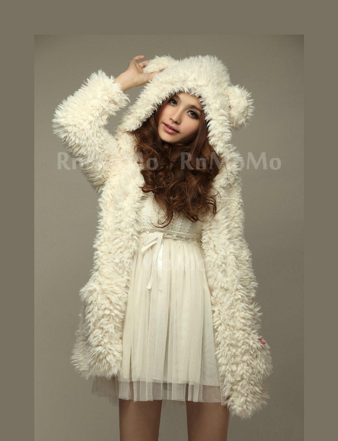 WINTER Teddy Princess Bear Ears Soft Fur Fun Beige Hoodie Coat