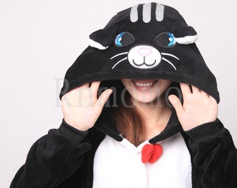 White Black Cat Onepiece Kigurumi Romper Teen Adult Unisex Kigurumi Animal Pajamas Cosplay Costume Sleepwear Cat (Slipper Not Included)