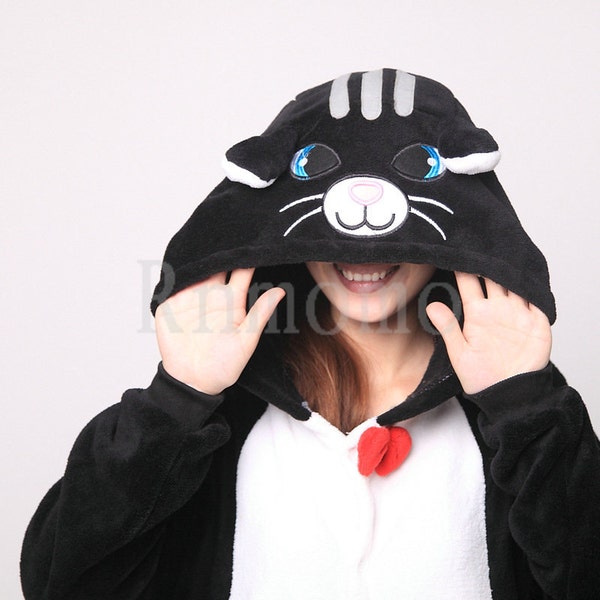 White Black Cat Onepiece Kigurumi Romper Teen Adult Unisex Kigurumi Animal Pajamas Cosplay Costume Sleepwear Cat (Slipper Not Included)