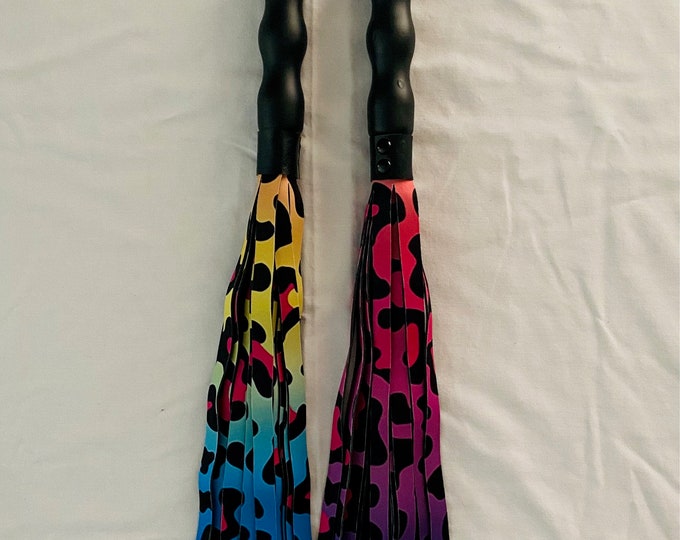 Leopard Rainbow Leather Alternative Flogger with Black Handle