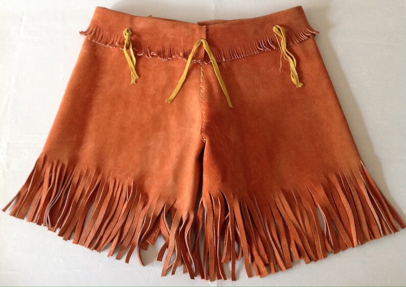 Vintage HIPPIE SHORTS Sz 3132 AUTHENTIC 1970s Handmade Fringed Orange