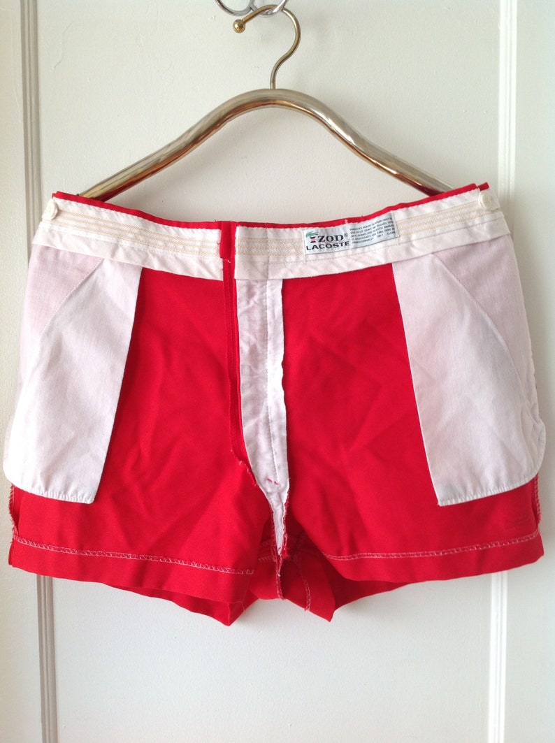 Vintage LACOSTE Shorts szXL Authentic 1960s IZODLACOSTE Bright Red Blue Crocodile Adjustable Waist Shorts
