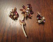 Juliana Flower Brooch and Earrings with Amethyst and AB Pink Rhinestones