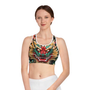 Chinese Dragon Sports Bra, Dramatic Graphic Design by Gerard Delaney, Power and Strength Workout Activewear, Free Shipping