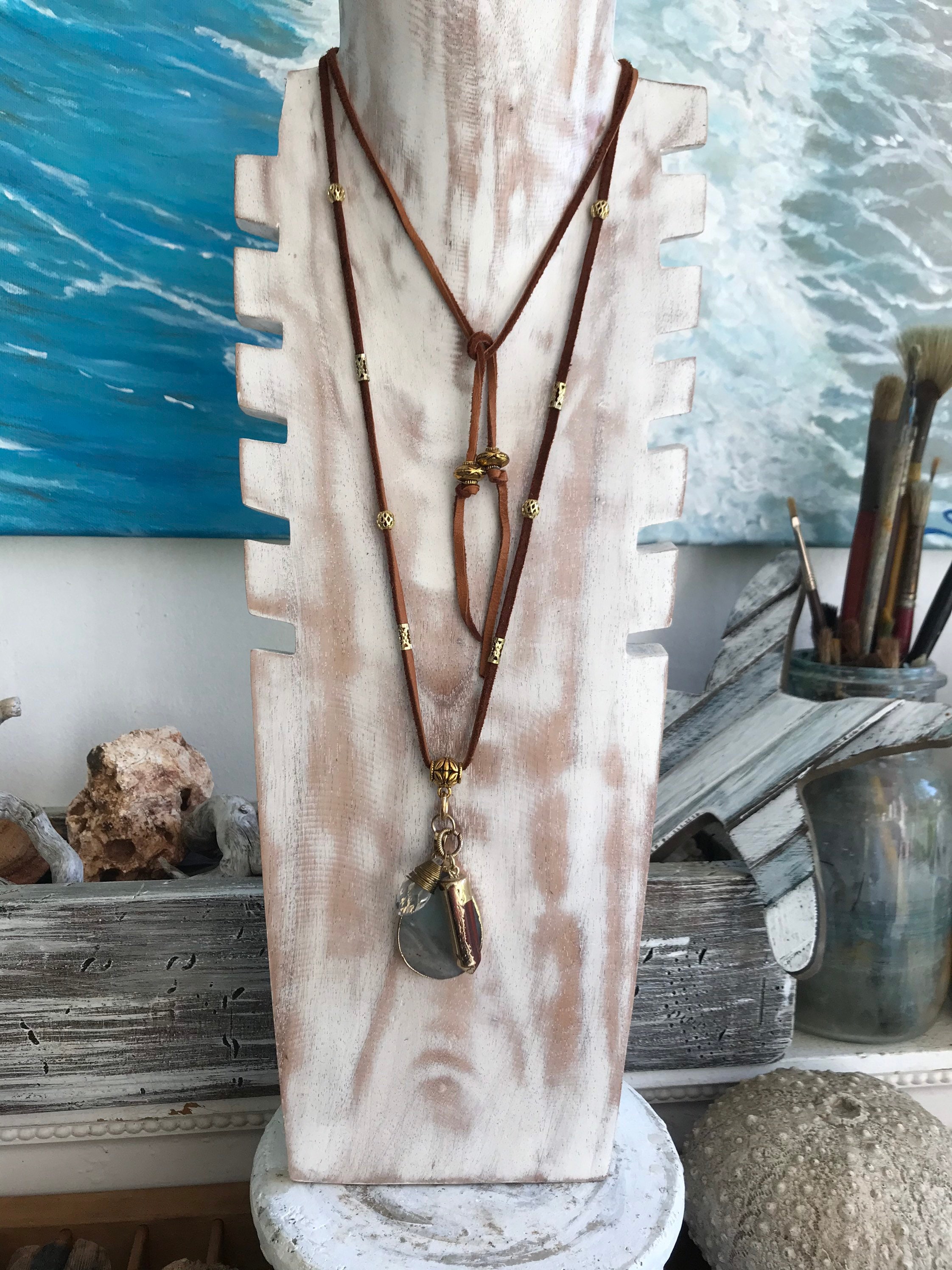 Handmade leather necklace with pendant and charms Etsy