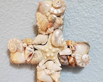 Beach Decor - Coastal Decor Shell Cross - Seashell Cross - Beach Wedding Gift - Beach House Decor - Cross Wall Decor - Decorative Cross