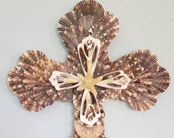 Beach Decor - Coastal Decor Shell Cross - Seashell Cross - Beach Wedding Gift - Beach House Decor - Cross Wall Decor - Decorative Cross