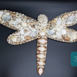 May include: A dragonfly-shaped wall art piece crafted from various seashells. The wings are detailed with an assortment of small, white, and tan shells, while the body features larger, polished shells. The artwork is set against a dark background.