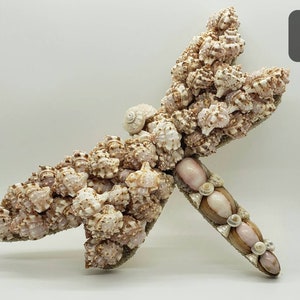 May include: A decorative dragonfly sculpture crafted from various seashells. The wings are composed of numerous small, textured shells in shades of cream and brown. The body features a mix of pink and brown shells, creating a unique coastal art piece.