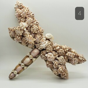 May include: A handcrafted dragonfly sculpture made from various seashells. The wings are detailed with numerous small, textured shells in shades of beige and brown. The body features larger, smooth shells and small, white accents. The number "4" is in the upper right corner.