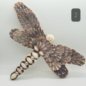 May include: A dragonfly sculpture crafted from various seashells. The wings are made of layered, fan-shaped shells in shades of brown and purple. The body features a mix of white and pink shells, with a small, spiral shell at the center.