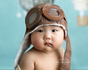 Baby Boy Toddler Aviator Hat UP movie prop pilot hat bomber hat in brown, Children's Photography Prop