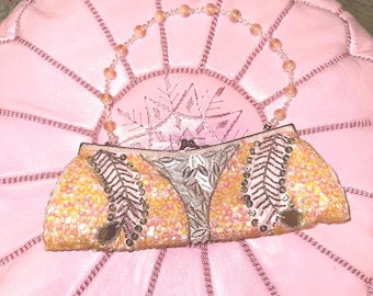 Vintage Peach Sequin Beaded Evening Bag – Art Deco Formal Clutch (Pink Satin Lined)