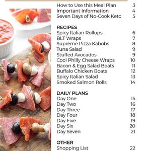 May include: A page from a keto meal plan cookbook with a list of recipes and daily plans. The recipes include Spicy Italian Rollups, BLT Wraps, Supreme Pizza Kabobs, Tuna Salad, Stuffed Avocados, Cool Philly Cheese Wraps, Bacon & Egg Salad Boats, Buffalo Chicken Boats, Spicy Italian Salad, and Smoked Salmon Rolls. The daily plans include a meal plan for each day of the week.