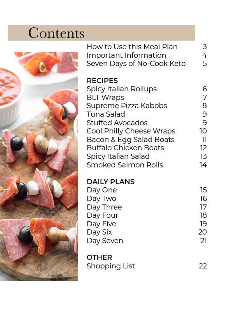 May include: A page from a keto meal plan cookbook with a list of recipes and daily plans. The recipes include Spicy Italian Rollups, BLT Wraps, Supreme Pizza Kabobs, Tuna Salad, Stuffed Avocados, Cool Philly Cheese Wraps, Bacon & Egg Salad Boats, Buffalo Chicken Boats, Spicy Italian Salad, and Smoked Salmon Rolls. The daily plans include a meal plan for each day of the week.