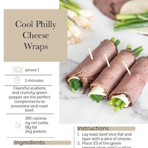 May include: Cool Philly Cheese Wraps recipe with instructions and nutritional information. The image shows three wraps with roast beef, cheese, and green onions.