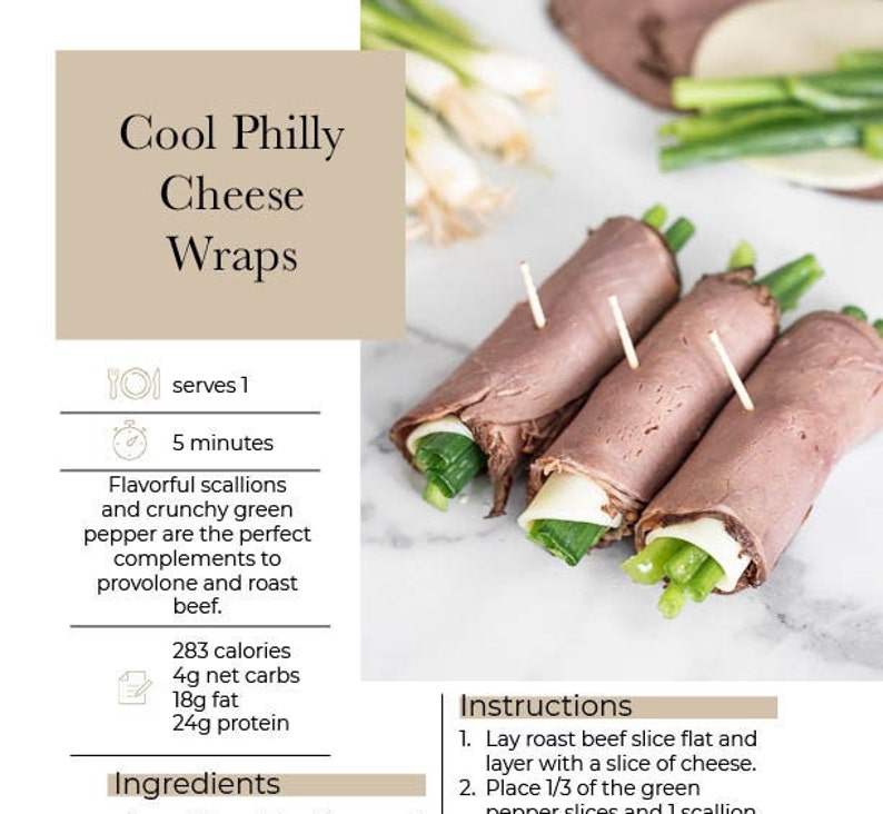 May include: Cool Philly Cheese Wraps recipe with instructions and nutritional information. The image shows three wraps with roast beef, cheese, and green onions.