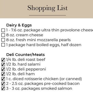 May include: A shopping list with checkboxes for dairy and eggs, including provolone cheese, cream cheese, mozzarella pearls, and hard-boiled eggs. The list also includes deli counter meats such as roast beef, salami, pepperoni, ham, rotisserie chicken, bacon, and smoked salmon.