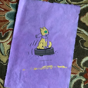 Danny Cat on Rosie the Robot Vacuum Screen Printed on Hand-Made Paper (Gold & Purple)