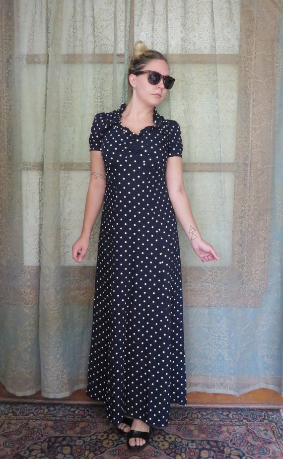 long navy polka dot dress