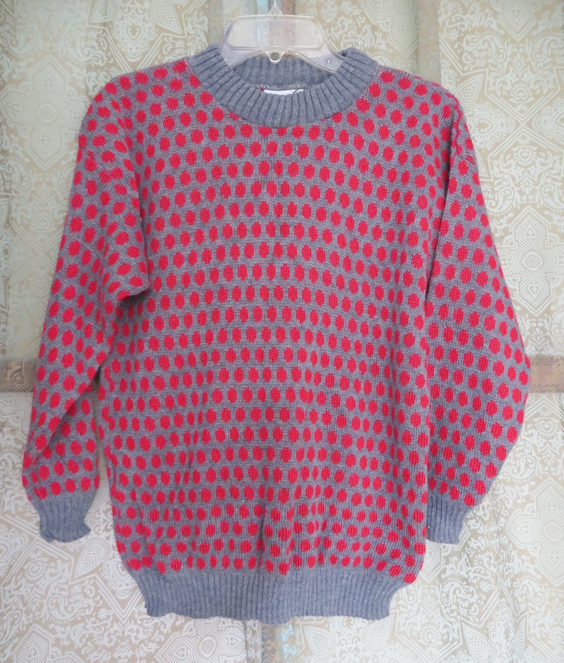 1980s Gray Red Polka Dot Sweater 80s Novelty Sweater Ugly Sweater Party 80s Hipster Sweater Vintage Crewneck Sweater Dotted