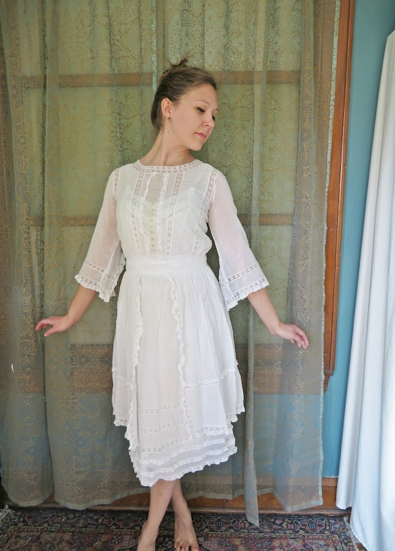 1910s Edwardian Lace Lawn Dress Antique White Flor