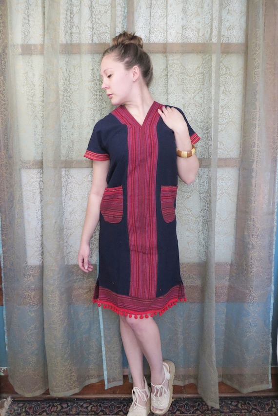 1960s Navy Blue & Red Striped Sheath Dress Hippie