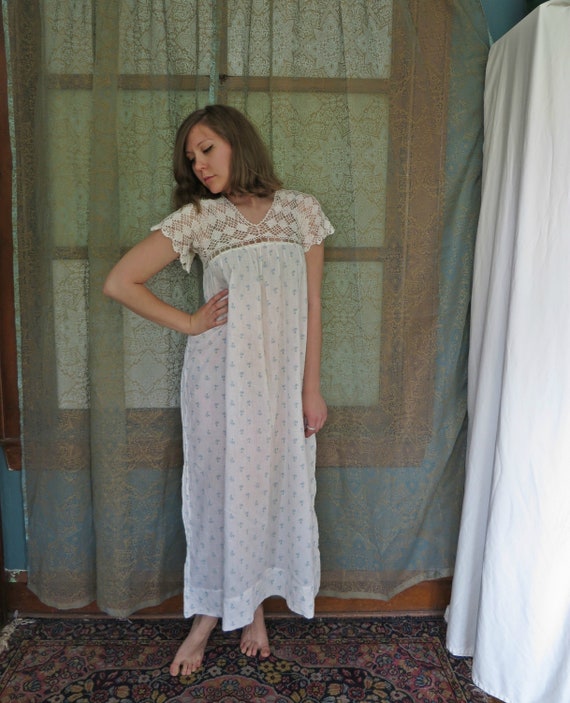 1930s Crochet Yoke Nightgown 30s Floral Nightie Dr