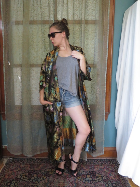 Vintage Black Brocade Kimono Boho Kimono Long Kimo