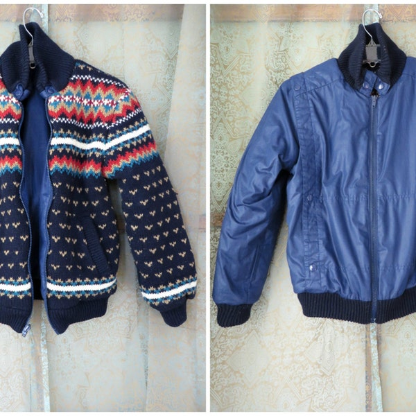 1980s Blue Bomber Reversible Jacket Fair Isle Sweater Jacket Vintage Outerwear Short Jacket Hipster Jacket Members Only Style