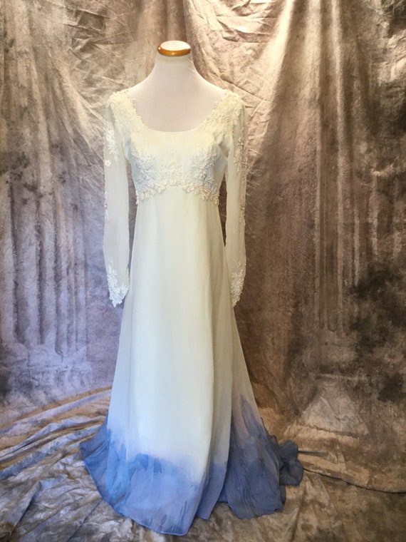 Something Blue Dip Dyed Vintage Ivory Wedding Dress Ombre Wedding Dress Long Sleeve Wedding Dress Watercolor Wedding Dress