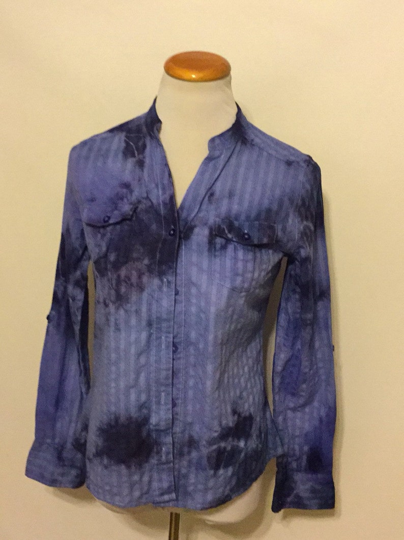 Long Sleeve Upchpycled Hand Dyed Button Down Ladies Top Long Sleeve Button Down Women/'s Tie Dyed Top Size Medium Denim Blue Ladies Blouse
