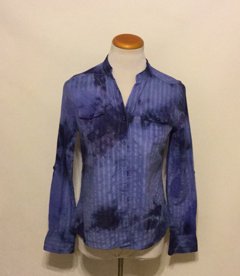 Long Sleeve Upchpycled Hand Dyed Button Down Ladies Top Long Sleeve Button Down Women/'s Tie Dyed Top Size Medium Denim Blue Ladies Blouse