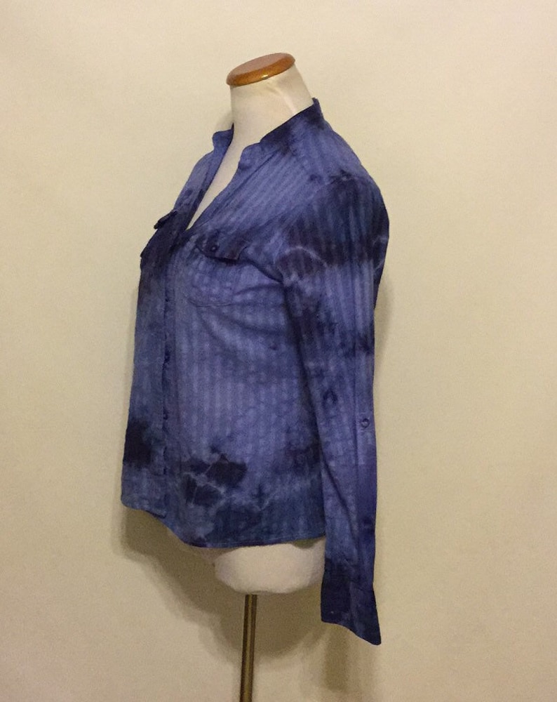 Long Sleeve Upchpycled Hand Dyed Button Down Ladies Top Long Sleeve Button Down Women/'s Tie Dyed Top Size Medium Denim Blue Ladies Blouse