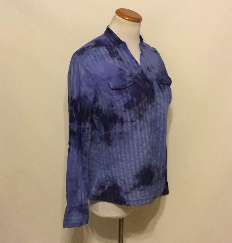 Long Sleeve Upchpycled Hand Dyed Button Down Ladies Top Long Sleeve Button Down Women/'s Tie Dyed Top Size Medium Denim Blue Ladies Blouse