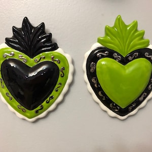 Green Black and Silver Sacred Heart Wall Plaque Hanging Art Handmade Hand Made OHIO USA Pottery Ceramics Tattoo